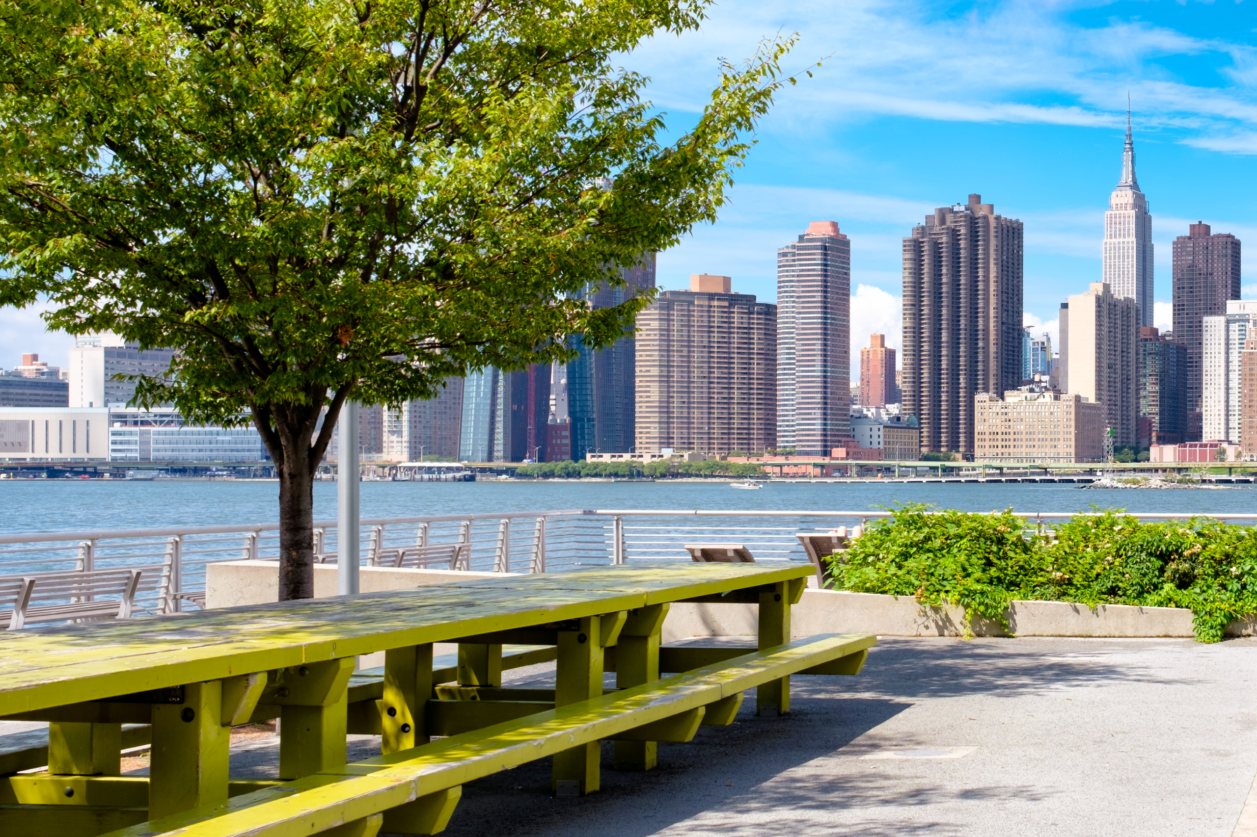 Waterfront park in Long Island City, Queens, with the Manhattan skyline on a sunny summer day